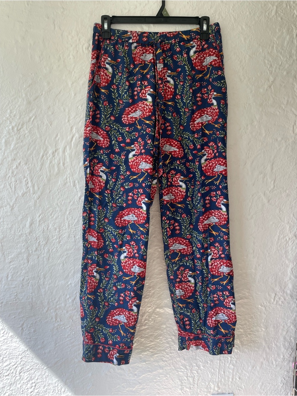 Printfresh queen lotus pajama pants egret floral red navy drawstring pockets; S